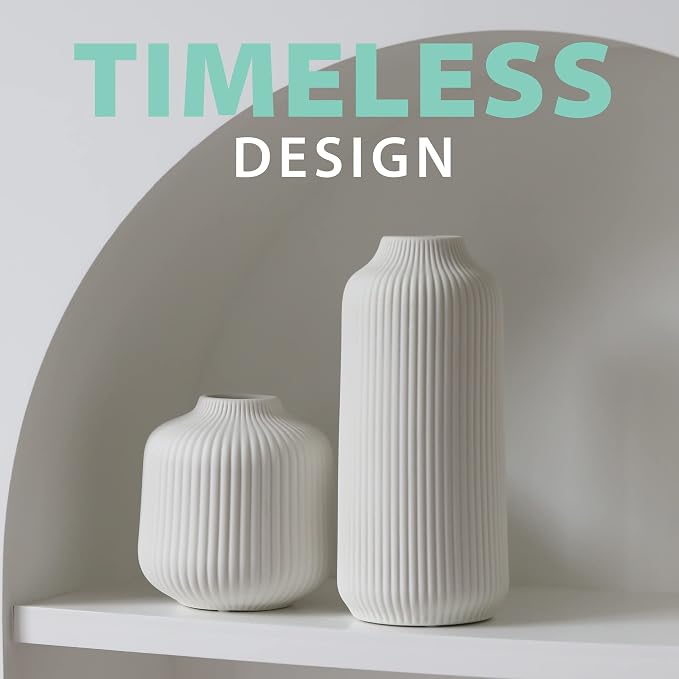 flature Ceramic Vases in Nordic Style, Modern Vase Deco for Pampas Grass, Boho Deco for Windowsill, Vases Set in White Matt, Flower Vase as Home Decoration for Fresh Flowers, Dried Flowers, Set of 2