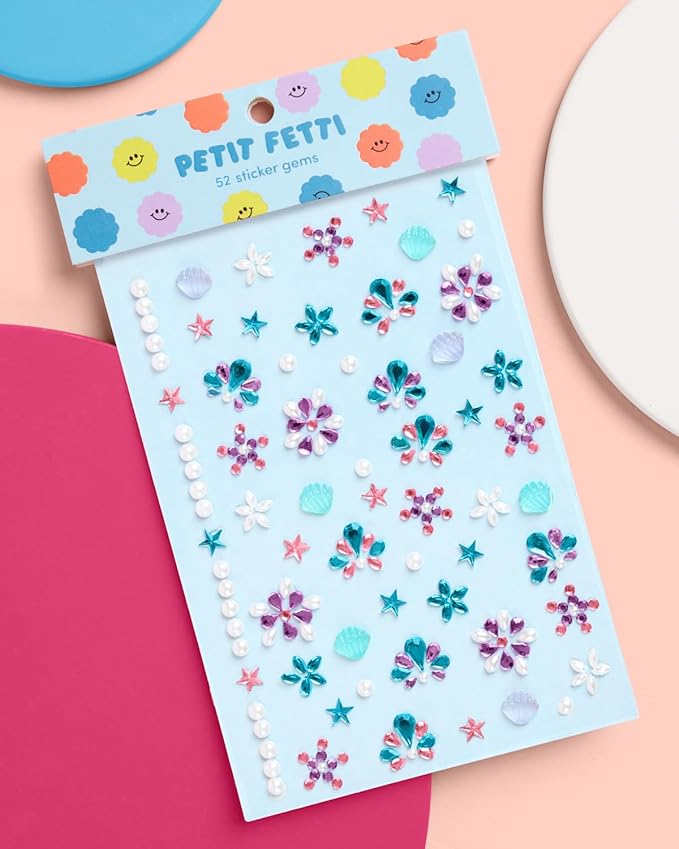 xo, Fetti Kids Face Gems, Mermaid Pink + Blue - 52 pcs. | Cute Seashell Face Stickers, Pearl Birthday Rhinestone Accessory, Under the Sea Decorations