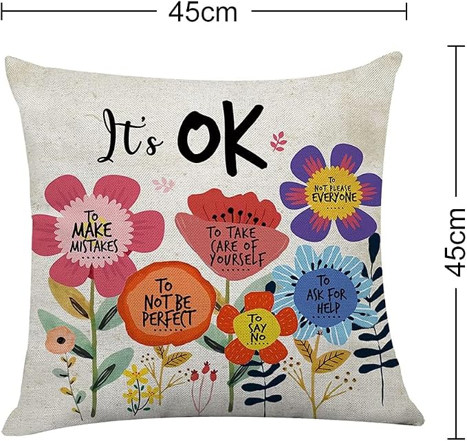 Littlefa It's OK Inspiring Flower Throw Pillow Cover Decorative Pillowcase | Motivational Cute Decorative Pillow Cover for Girls Kids,Mental Health Inspirational Saying Pillow Cover for Conseling Office