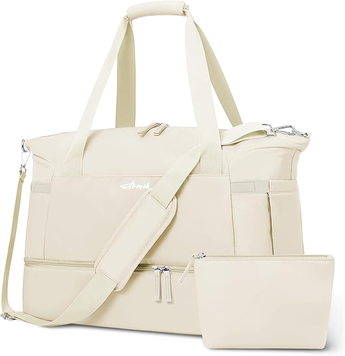 Gym Bag for Women, Personal Item Travel Bag with Shoes Compartment, Weekender Overnight Duffel Bag with Wet Pocket, Carry On Bag for Women, Travel, Gym, Weekend (Beige)