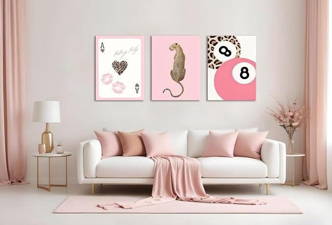 Cheetah Trendy Wall Art Set of 3 Preppy Leopard Canvas Print for College Apartment Room Wall Decor 8 Ball Poster Y2k Pink Coquette Print Lucky Aesthetic Pictures for Bedroom Dorm 12x16 In Framed