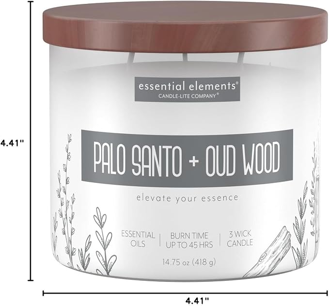 Candle-lite Essential Elements Scented Candles, Palo Santo & Oud Wood, 14.75 oz Jar, Proudly Poured in the USA, Aromatherapy, 3-Wick with 45 Hours of BurnTime, Perfect for Creating a Relaxing Ambiance