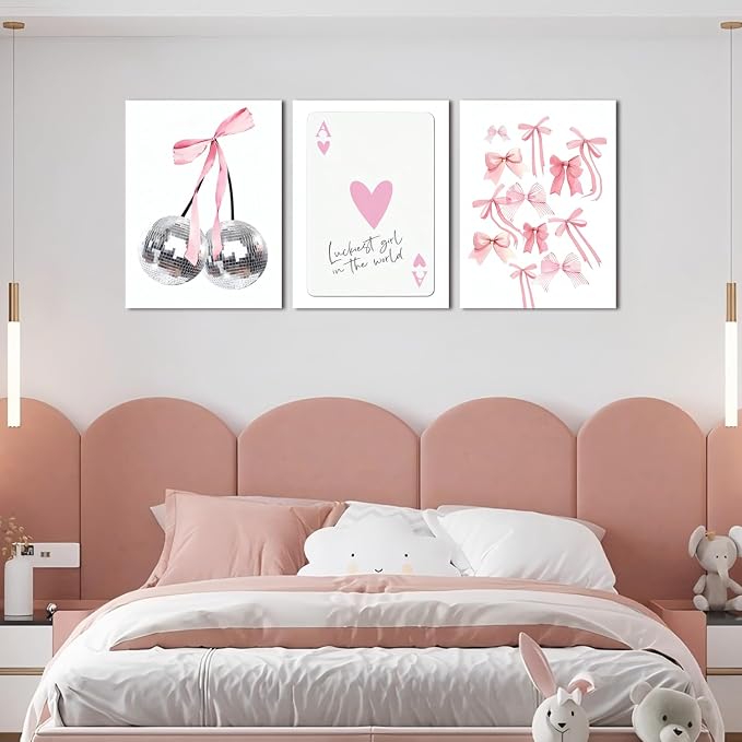Trendy Pink Bows Wall Art Set of 3 Preppy Coquette Wall Decor Trendy Disco Ball Canvas Posters Prints Girly Aesthetic for College Apartment Bedroom Decoration Framed 16x24 In