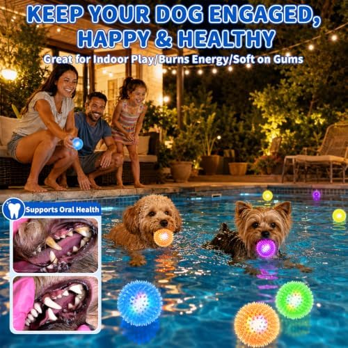 24 Pcs 2.5 In Light Up Squeaky Dog Balls 8 Colors LED Spiky Dog Toy Ball Glow in The Dark Interactive Fetch Ball TPR Bouncy Floating Toy for Aggressive Chewers Puppy Small Medium Dogs Indoor Outdoor