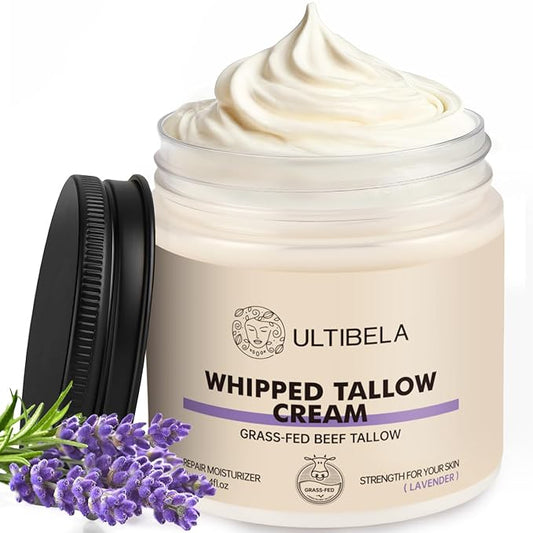 100% Grass-Fed Handmade Beef Tallow for Skin Care, Whipped Tallow and Honey Balm for Body ＆ Face Natural Body Cream for Dry & Sensitive Skin, 4OZ (Lavender)