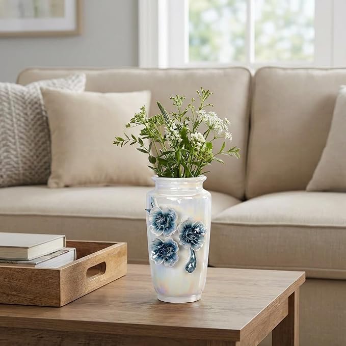 White Ceramic Vase 7 Inch - Small Modern Vase for Flowers, Boho & Farmhouse Decor for Bookshelf and Desk Decorations