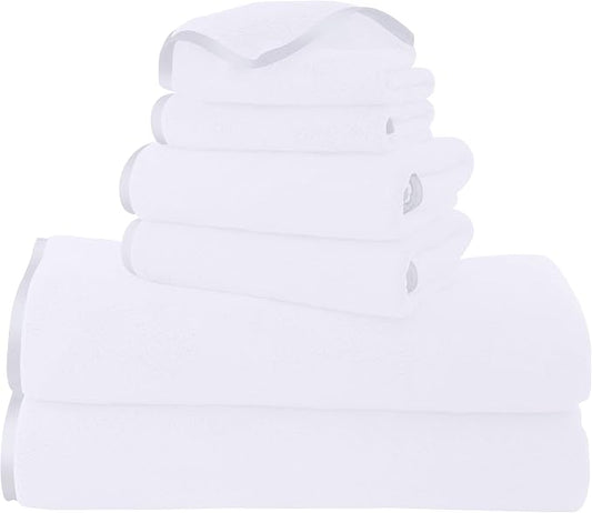 TENSTARS Luxury Silk Hemming Towel Set - Light Thin Quick Drying - 2 Bath Towels 2 Hand Towels 2 Washcloths - Ultra Soft Microfiber Towel for Bath Fitness, Sports, Yoga, Travel (White 6 Pieces)