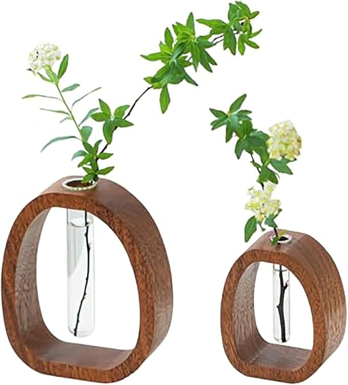 Walnut Wood Glass Flower Vase with Test Tubes, Large+Small | Modern Hydroponic Planter, Fresh Cut Flowers, Handcrafted Tabletop Decor, Home, Office, Farmhouse Style