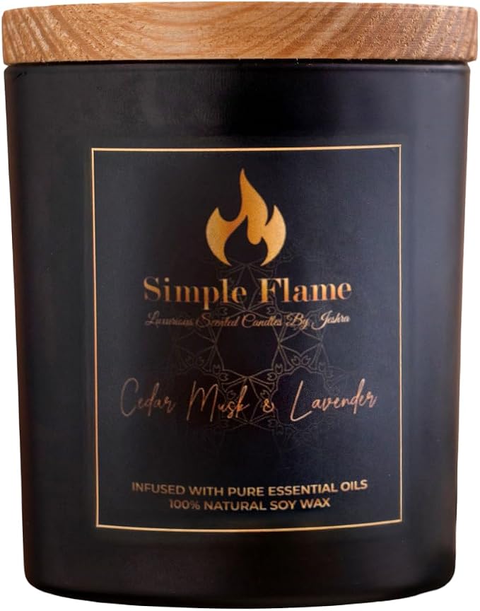 Cedar Musk & Lavender Luxurious Scented Jar Candle | 13 oz - 3.8-Inch height | 100% Natural Soy Wax | Aromatherapy | 35-40 Hours Burn Time | Non-toxic | Essential Oils Candle | Black Jar | Handcrafted