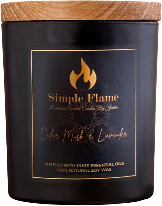 Cedar Musk & Lavender Luxurious Scented Jar Candle | 13 oz - 3.8-Inch height | 100% Natural Soy Wax | Aromatherapy | 35-40 Hours Burn Time | Non-toxic | Essential Oils Candle | Black Jar | Handcrafted