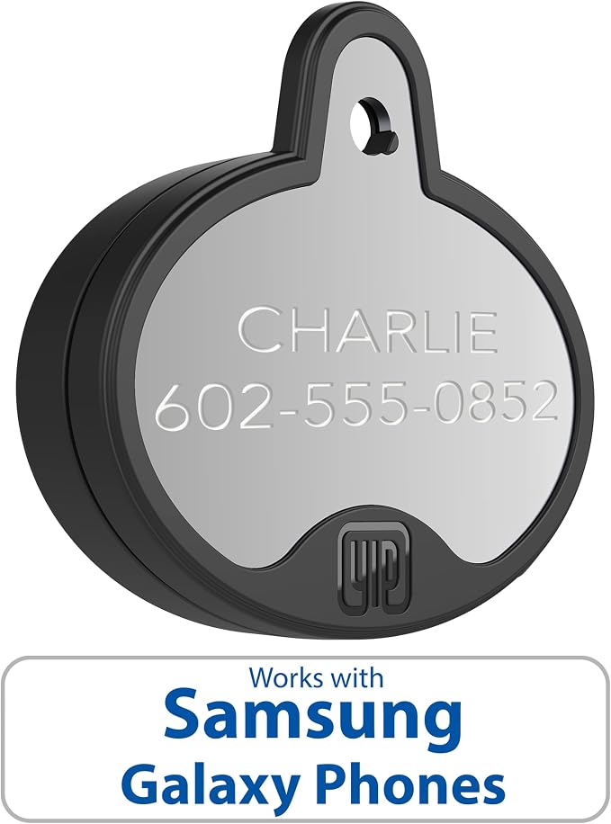 YIP Smart Tag ID & Custom Engraved Dogs Tracker - Compatible with Samsung Galaxy (No GPS Subscription Or Monthly Fee) Pets Collar Location Oval Silver
