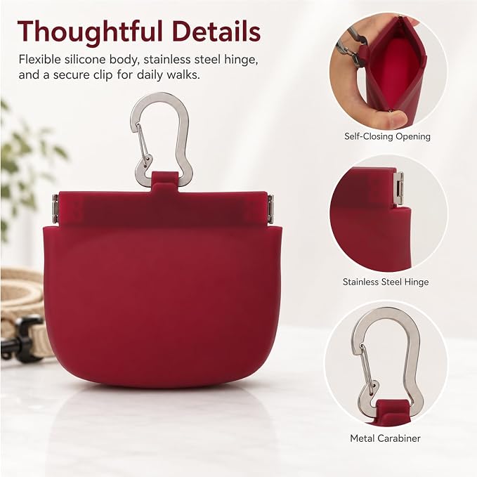 Silicone Dog Treat Pouch for Pet Training One-Hand Access One Cup Silicone Treat Bag with Pull Tab and Auto Closing Lid Treat Pouches for Leash(Color: Red)