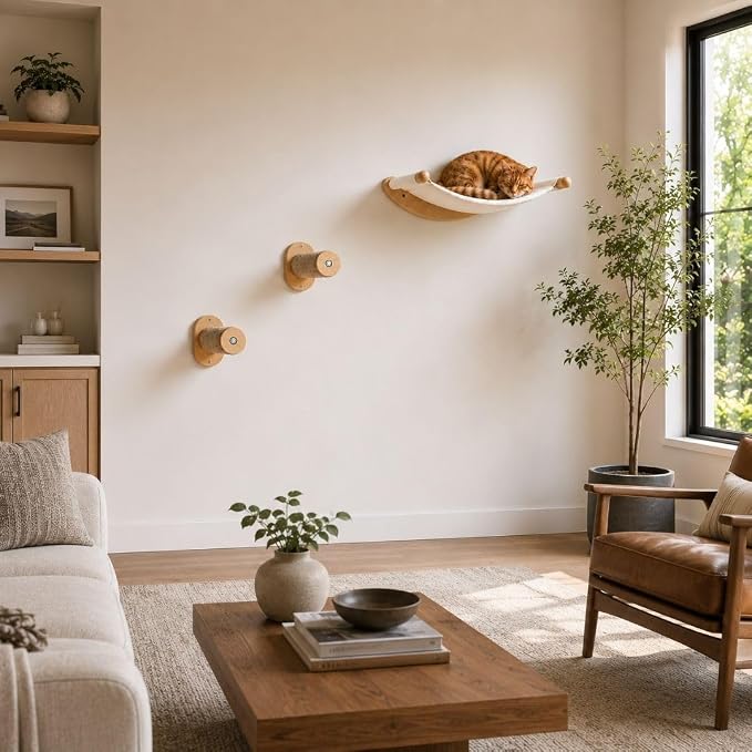 Cat Wall Hammock with 2 Steps for Large Cats | Complete cat wall shelves set with a roomy 21-inch wall mounted cat hammock, removable cushion and 2 sturdy climbing steps