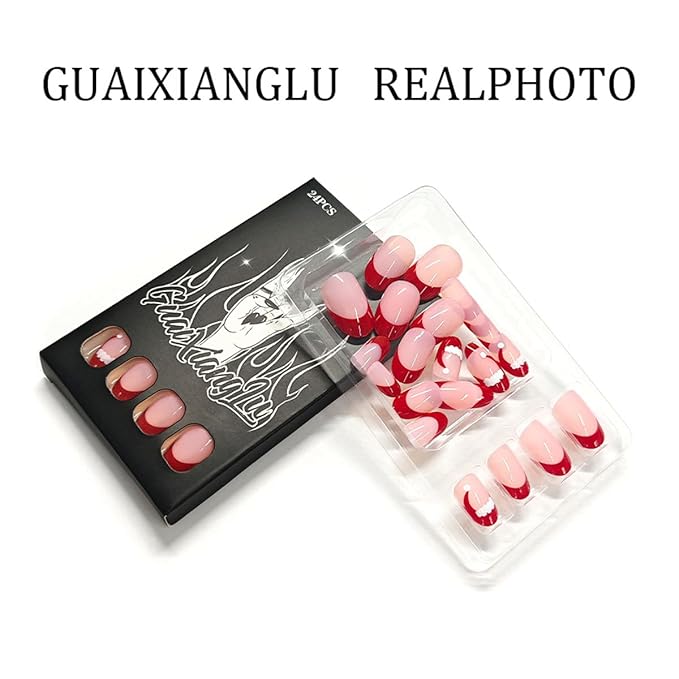 Christmas Press on Nails Red French Tip Fake Nails with Hat Design Short Almond Glue on Nails Glossy Full Cover Artificial Acrylic False Nail Xmas Stick on Nail for Women Manicure 24Pcs