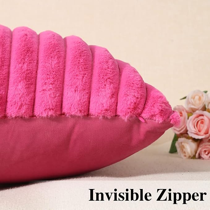 Soleebee Set of 2 Throw Pillow Covers Soft Cozy Velvet Pillowcase Faux Rabbit Fur Cover for Couch Sofa Bed Chair Home Decorative Pillows Cover (24x24 Inch, HOT Pink)