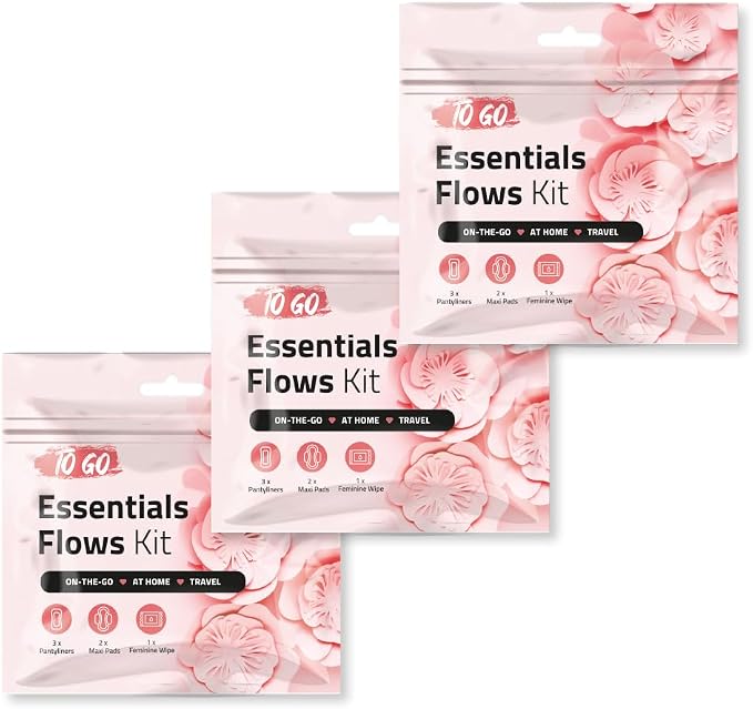 Essential Flows Period Kit - 3 Pantyliners, 2 Maxi Pads & Feminine Wipe | Hygiene Essentials for School, First Period
