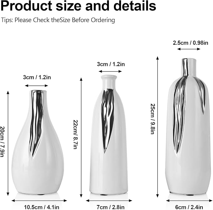 White and Silver Vase Set of 3, Modern Ceramic Decorative Vases for Living Room, Bedroom, Art Decor, Mantle, Home Event Decor, Office Decorative, Weddings, Rustic & Farmhouse (White Silver)