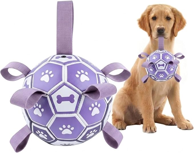 Dog Soccer Ball with Straps, 6 Inch Herding Dog Ball Toys Dog Birthday Toy, Balls for 20-40lbs Dogs, Outdoor Puppy Toys for Small Medium Dogs, Interactive Toy for Tug, Water Toy Ball,Purple