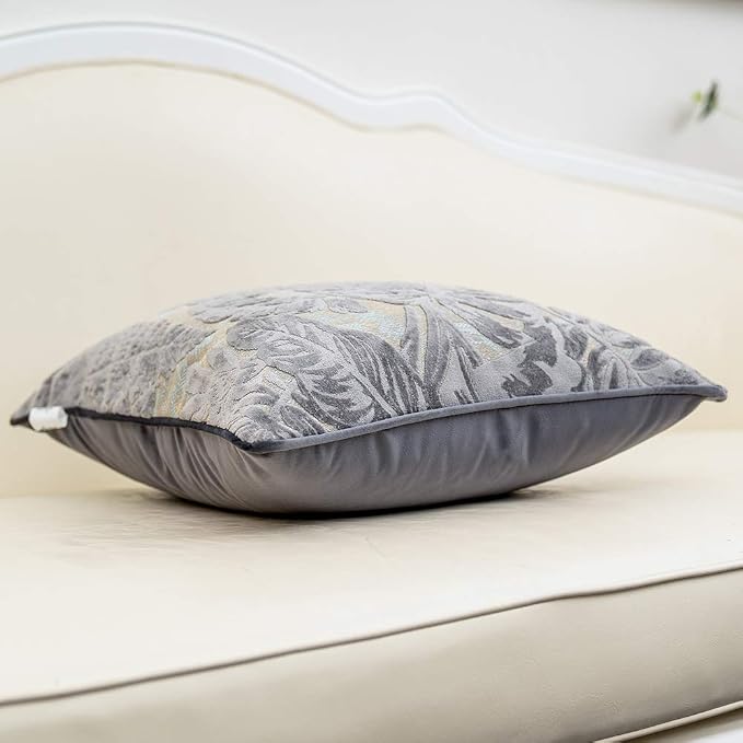 Alerfa 18 x 18 Inch Gray Silver Square Maple Leaf Pillow Embroidery Cut Velvet Cushion Case Luxury Modern Lumbar Throw Pillow Cover Decorative Pillow for Couch Sofa Living Room Bedroom Car