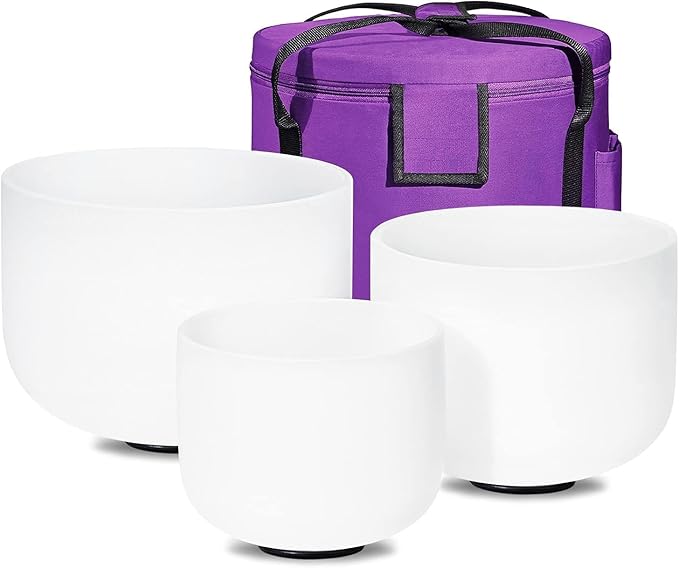 CVNC 432HZ 8"B 10"E 12"C Inch Set Of 3 Pcs Frosted Quartz Crystal Singing Bowls with 2 Pcs Carrying Case bag Sound Healing Meditation