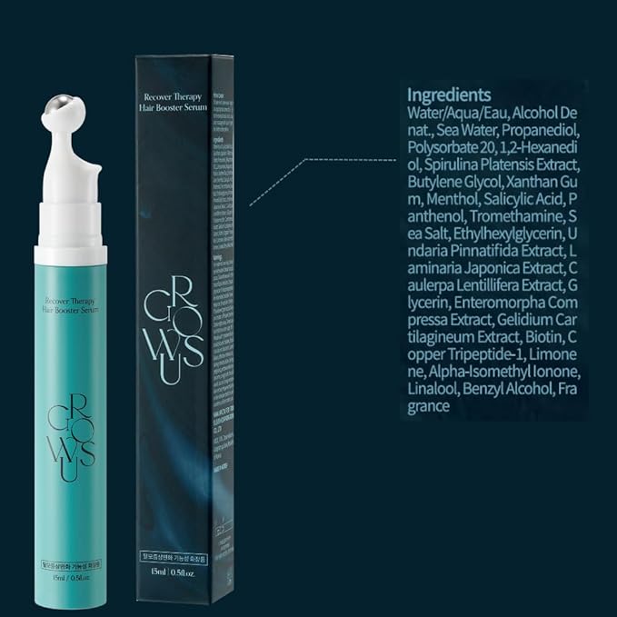 GROWUS Recover Therapy Booster Serum 15ml(0.507 Fl oz), Scalp Serum for receding hairline, Supports Fuller Hair, Packed with Biotin, Sea Water, Free from Paraben, Sulfate