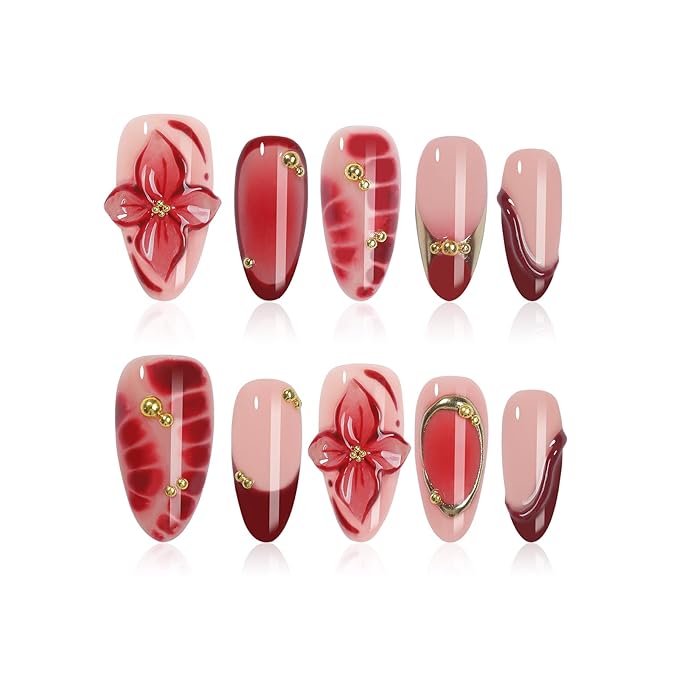 Handmade Press On Nails Almond, Luxury 3D Flowers Rhinestones Design Short Fake Nails, Salon-Quality Reusable, Women's Fall/Winter Gift, 10Pcs