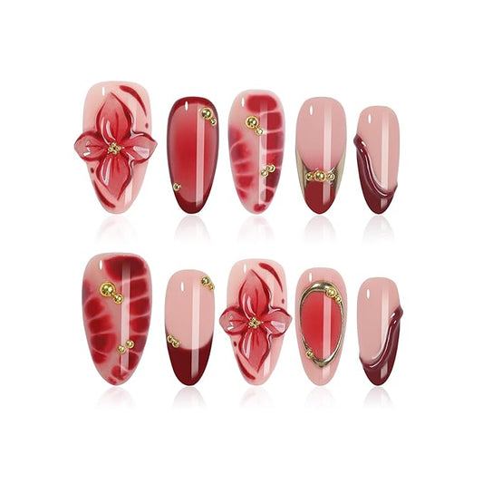Handmade Press On Nails Almond, Luxury 3D Flowers Rhinestones Design Short Fake Nails, Salon-Quality Reusable, Women's Fall/Winter Gift, 10Pcs