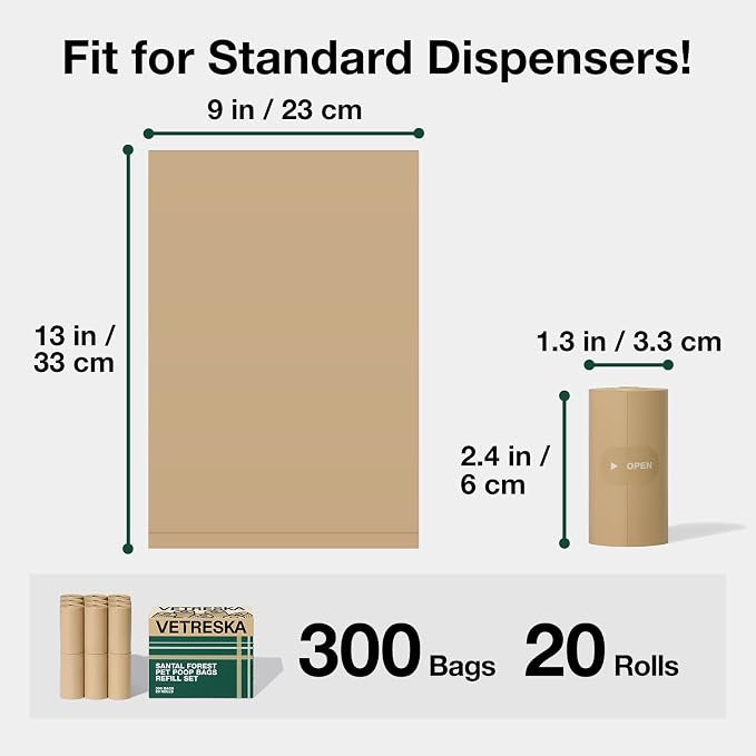 VETRESKA Dog Poop Bags, 300 Counts, Leak Proof, Extra Thick and Large | Pet Waste Bags for Dog Walking and Cat Litter, Sandalwood & Almond Scented
