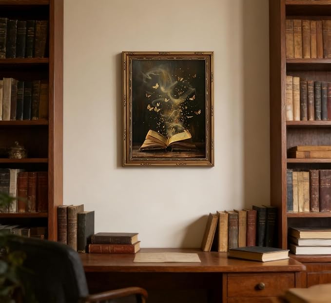 Vintage Gold Framed Victorian Bookish Wall Art Dark Academia Library Fantasy Mystical Canvas Print Reading Nook Butterfly Aesthetic Picture Wall Decor Gothic Bookclub Poster Artwork for Library