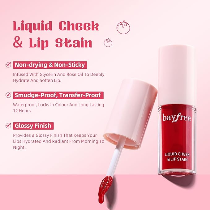 bayfree Liquid Cheek & Lip Stain, Korean Lip Tint with Moisturizing & Weightless, Non-Sticky, Long-Lasting, Kiss-proof, All Long-wearing, Vegan Makeup (Sheer Berry)