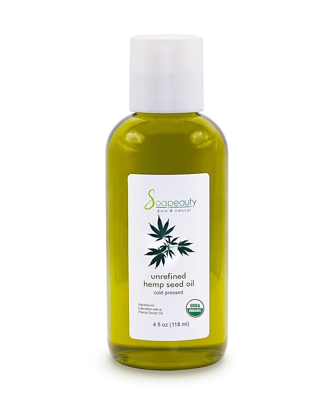 Soapeauty Hemp Seed Oil Unrefined Cold Pressed USDA Certified Organic | Massage & Body Oil | for Skin, Face, Hair, and Soap Making | Carrier for Essential Oils | Rich in Omega Fatty Acids | 4 Fl Oz