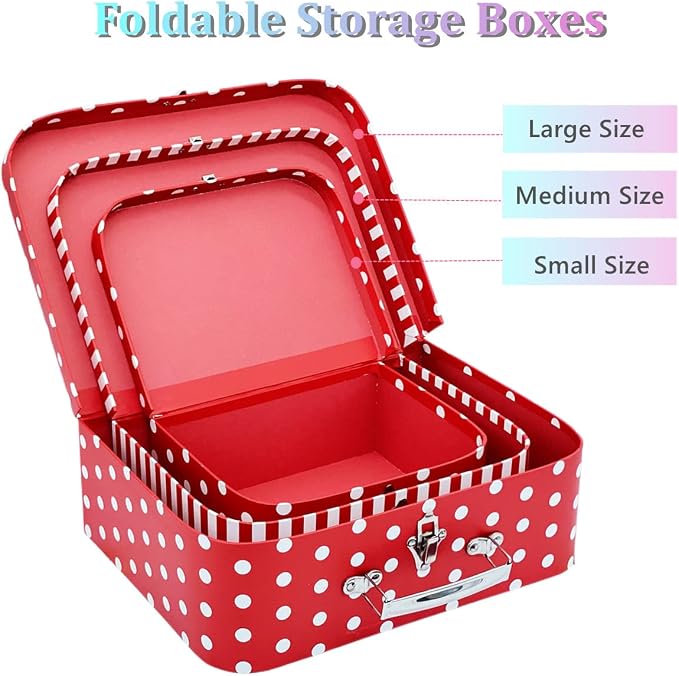 Paperboard Suitcases Set of 3 Decorative Storage Boxes With Lids, Red Gift Boxes With Lids, Nesting Gift Boxes for Disney Toys Barbie Doll Kids, Christmas or New Year Decoration
