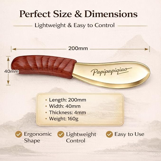 Copper Brass Gua Sha Muscle Scraper Tool with Wooden Handle – H62 Brass IASTM Soft Tissue Massage Tool for Fascia Release & Scar Tissue Relief – Deep Tissue Scraping Tool for Back & Body
