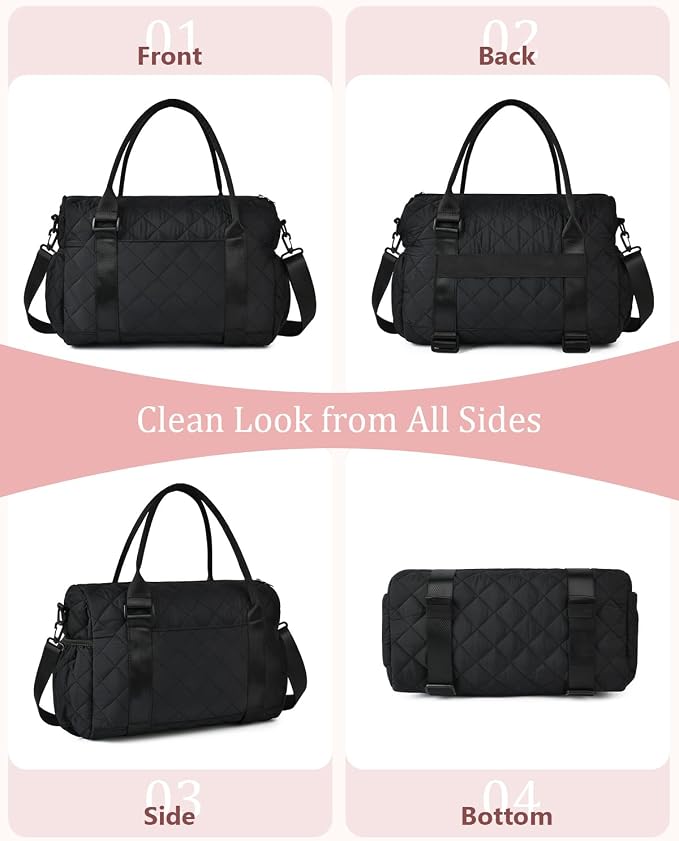 Gym Bag for Women with Yoga Mat Holder, Small Mini Gym Tote Bag Puffy Quilted Lightweight Sports Duffel Bag with Wet Compartment for Dance Yoga Workout Travel - Black