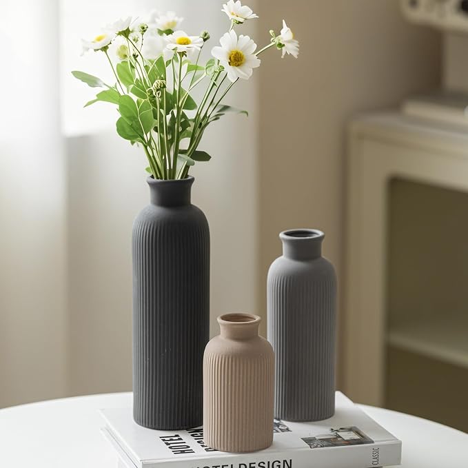 Modern Ceramic Vase Set, Black Ribbed Matte Design, 3-Piece Decorative Vases for Home, Living Room, Office (Black Mix)