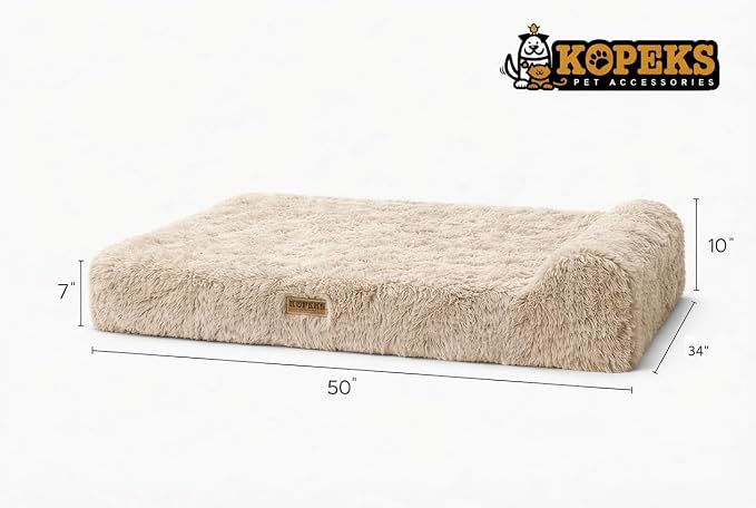 Orthopedic Memory Foam Dog Bed 7" Inch Thick Extra Large Dog Bed with Pillow Fluffy Brown 50"x34"x10" Includes Waterproof Liner & Durable Removable Cover with Smart Design
