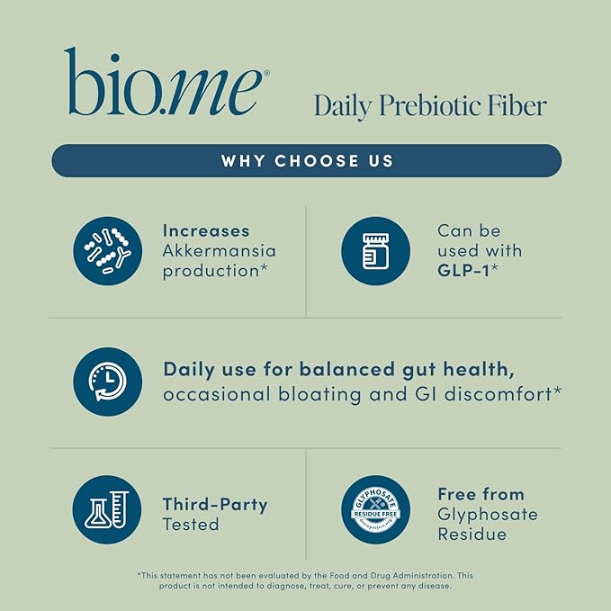 Bio.me Daily Prebiotic Fiber Powder Unflavored - 20 Travel Packs, 7g Per Serving - Soluble & Insoluble Fiber Supplement for Women & Men - Digestive Health & Gut Health - GLP-1 Friendly, Sugar Free