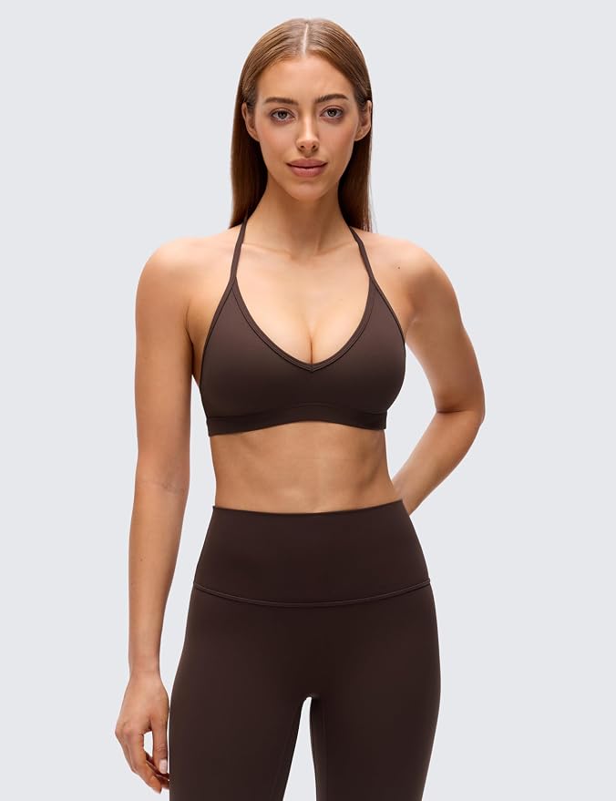 CRZ YOGA Butterluxe Soft Double Lined T-Back Sports Bras for Women - V Neck Adjustable Strap Yoga Crop Top Casual Non Padded