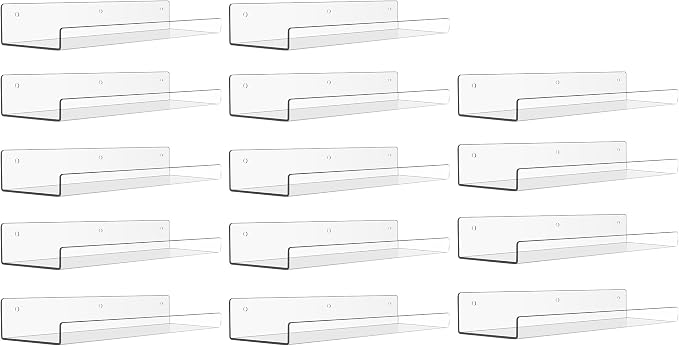 upsimples 14 Pcs 15" Acrylic Shelves for Wall Display and Storage, Clear | Transparent Design Highlights Skincare, Perfume, Easy-to-Find Versatile Floating Shelves for Bathroom, Bedroom and Playroom