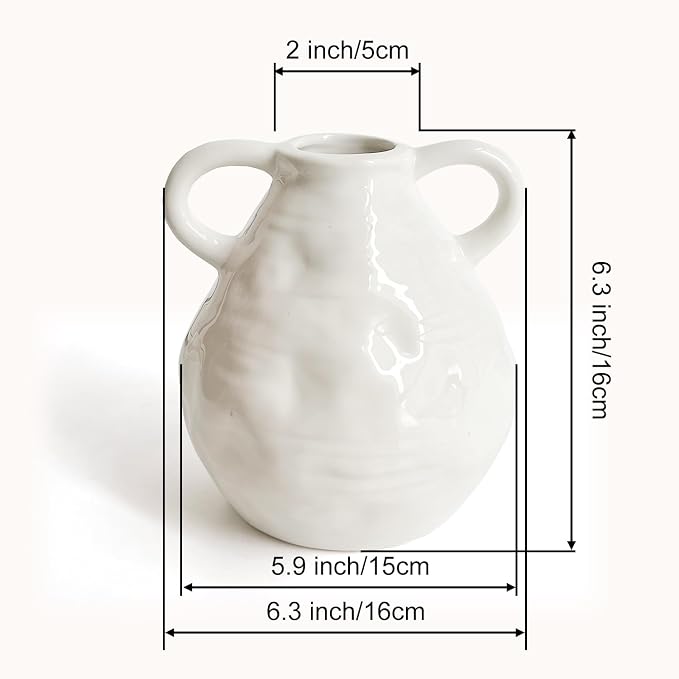LIFFY Ceramic Vase for Flowers, 6.3 Inch Tall Farmhouse Centerpiece with Double Handles, Rustic Terracotta & Modern Navy White - Home Table Decor (White)