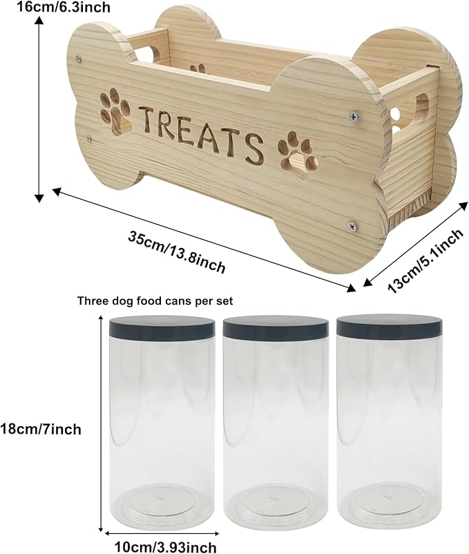 Dog Treat Storage Containers with 3 Plastic Jars Wooden Pet Food Dispenser DIY Painting on Wood for Dogs Puppies Food Storage Solution Kitchen Space-Saving and Gift for Dog Owners