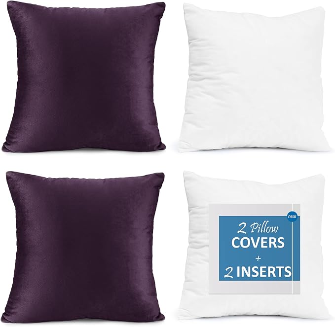 Throw Pillow Inserts Pack of 2 with Velvet Soft Solid Decorative Square Throw Pillow Covers Set for Sofa Couch Car Bedroom, 22X22 Throw Pillows Inserts with 20x20 Washable Cushion Covers, Dark Purple