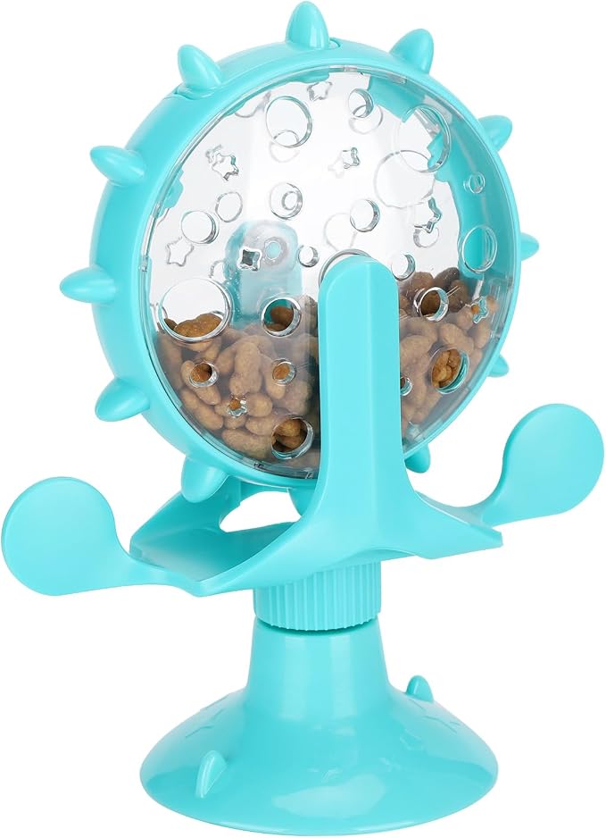 VINGVO Cat Treat Dispenser Toy, Interactive Cat Feeder with 360 Rotating Windmill, Food Leakage Toy for Indoor Cats, Suction Cup Base, Blue