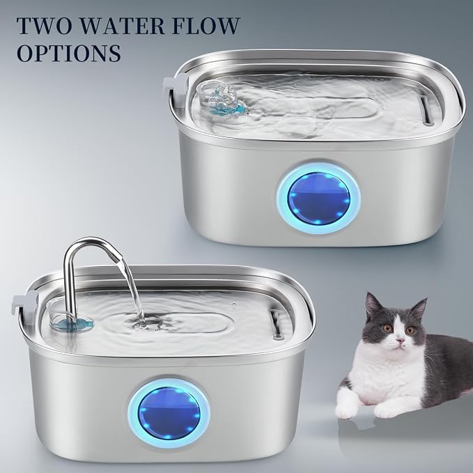 Stainless Steel Cat Water Fountain - 3.2L/108oz Cat Drinking Fountain | Quiet Cat Fountain for Indoor Cats and Small Dogs, Automatic Pet Water Dispenser Keeps Fresh Water, 3 Filters