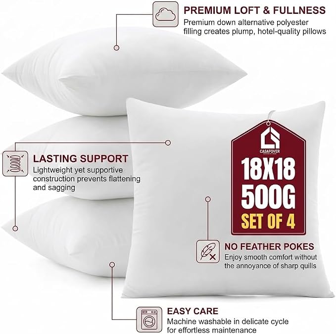 Casafoyer 18 x 18 Pillow Inserts Set of 4, Polyester Fill, Machine Washable