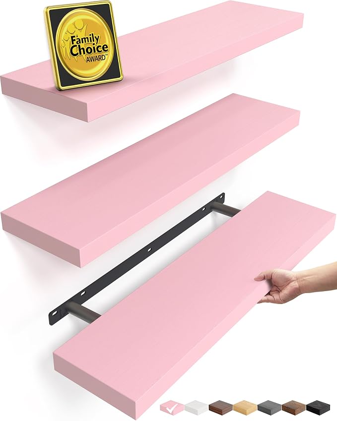 BAYKA Pink Floating Shelves 22.5in, Set of 3, Wall Mounted for Wall Decor | Easy Install, 22lbs Max Load, Hidden Bracket, Hanging Shelf for Books Nursery Plants Perfume Decor, Multi-Wall Compatible