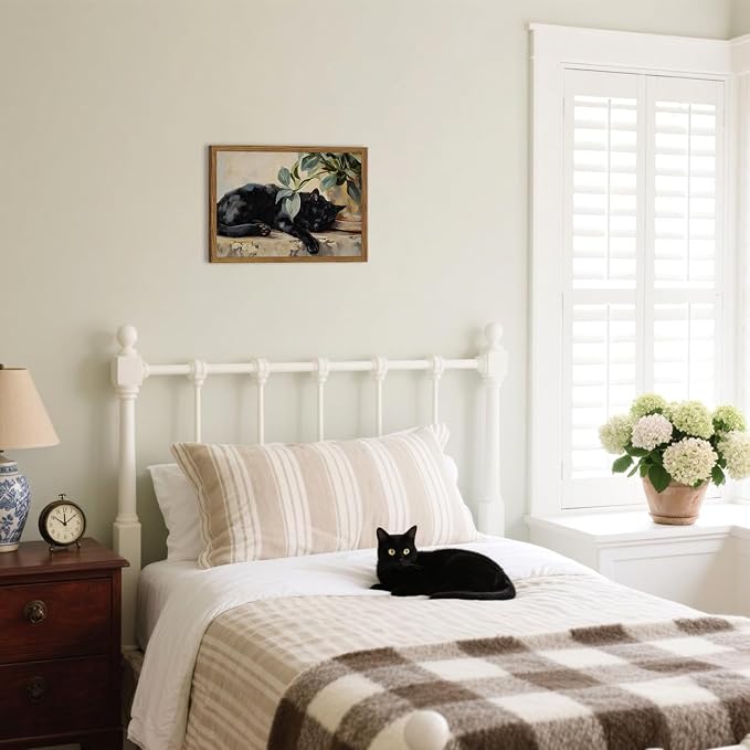 Framed Black Cat Canvas Wall Art, Vintage Sleeping Cat with Plant Picture Wall Decor Paintings, Cute Animal Poster Prints Rustic Aesthetic Home Decor for Living room Bedroom Bathroom 16x24 inch