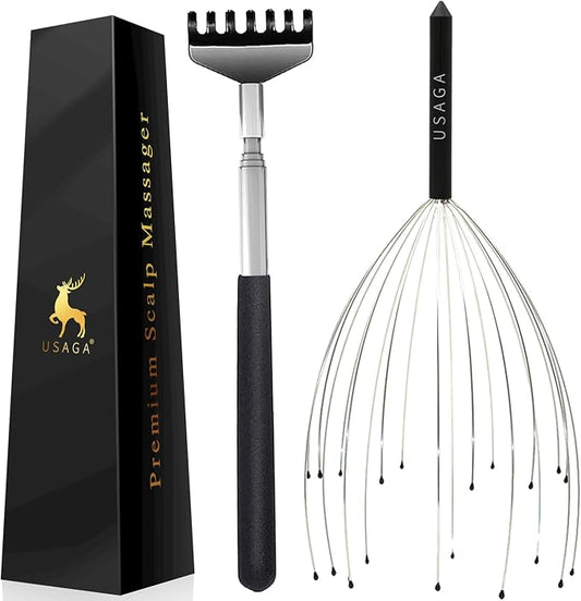 USAGA 20 Fingers Head Massager Scalp Massager Head Scratcher Extendable Back Scratcher, Stocking Stuffers Gift for Scalp Body Relaxing (Black)