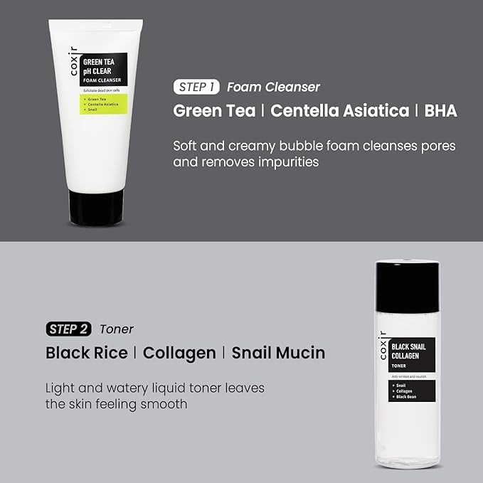 coxir Black Snail Collagen Starter Kit – Cleanser, Toner, Serum & Cream | Repairing Snail Mucin Skincare Set, Hydrating Korean Beauty Routine for Women (4-Piece)