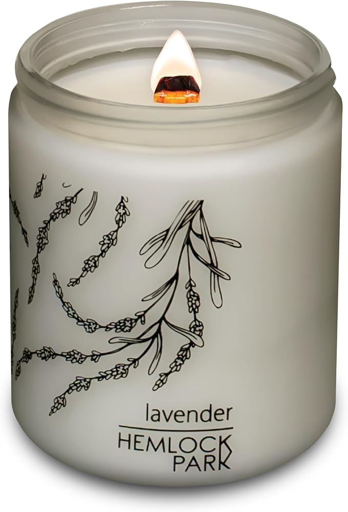 Hemlock Park Lavender Frosted Scented Candle | Crackling Wood Wick, Botanical Fragrance & Coconut Apricot Wax | Up to 60 Hour Burn Time | 8 oz | Made in USA